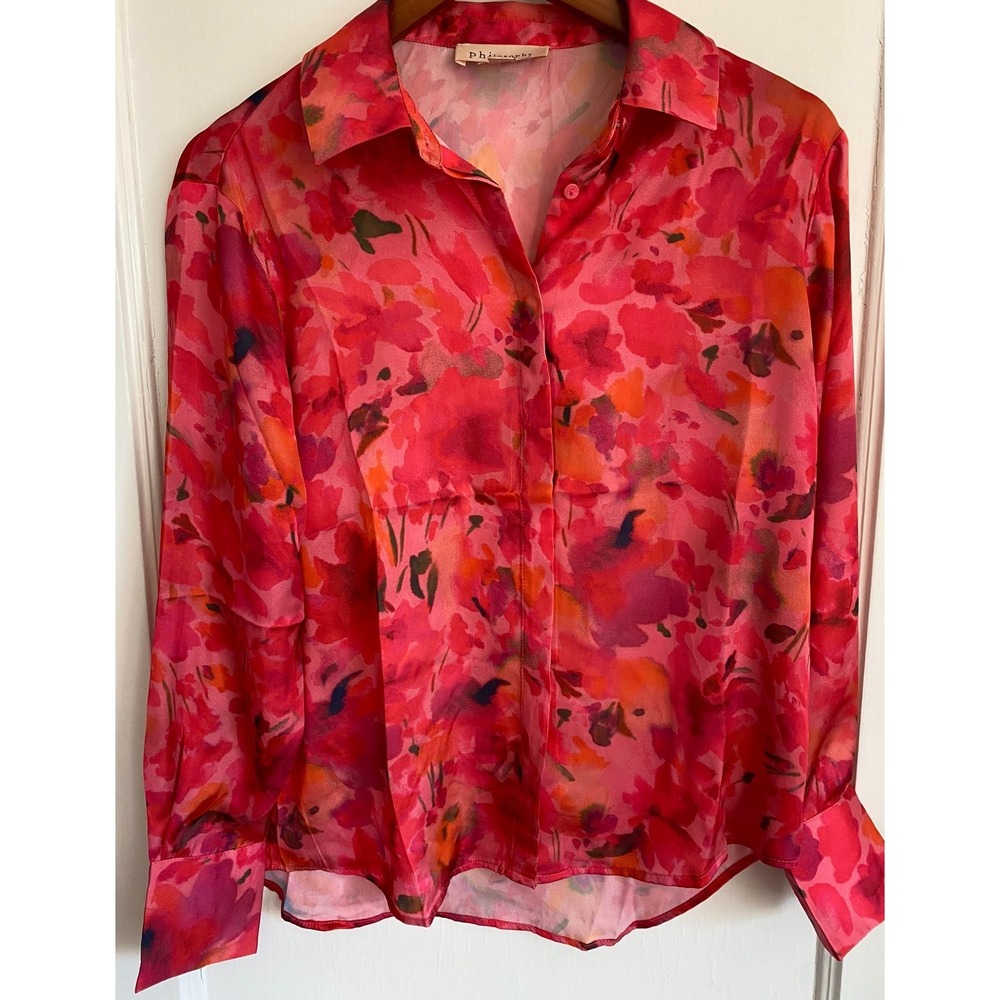 Philosophy Womens XS Red Button Up Floral Long Sleeve Blouse w French Cuffs